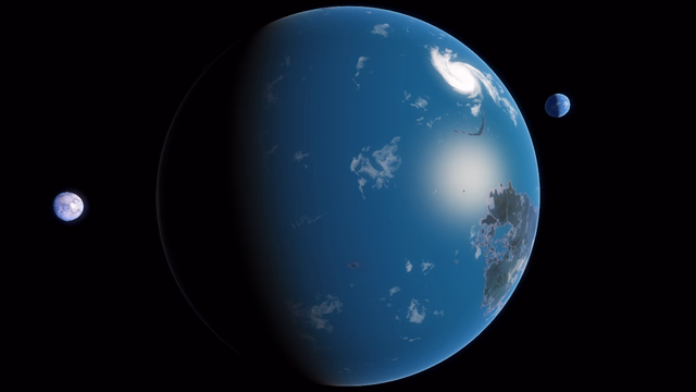 Chu-Raa and its two major moons from orbit