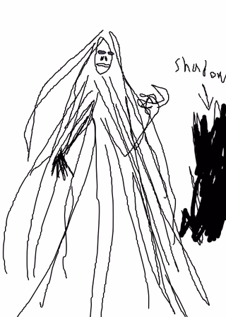 A hastily scrawled drawing using a mouse in a computer's paint program, of a woman in a veil and dress with no nose, a wide and thin mouth, grey blobs for eyes, and a beckoning finger. Behind her is a black blob with text reading "Shadow" and an arrow pointing to it.
