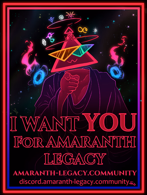A poster of Glypht, Amaranth Legacy's mascot. It is in the style of the "I want YOU" Uncle Sam posters, with Glypht pointing a finger at the viewer. Multiple Scope icons are visible on Glypht's head.