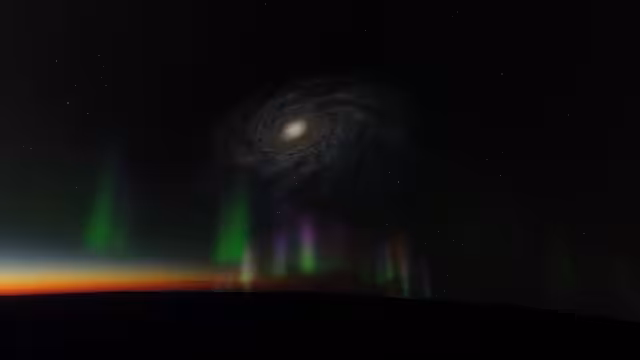 Eyina after sunset with its glowing aurora and the Milky Way about 161,000 light years away.