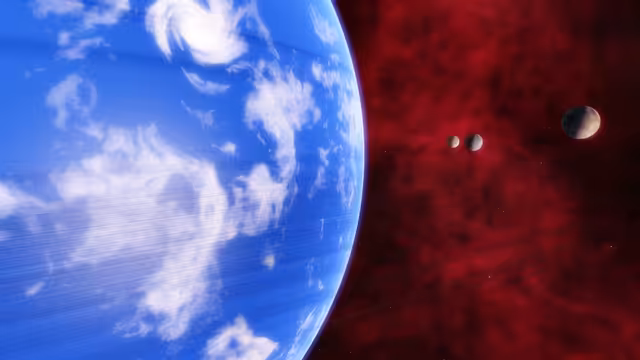 Woake's thin ring system. A tropical storm can be seen.