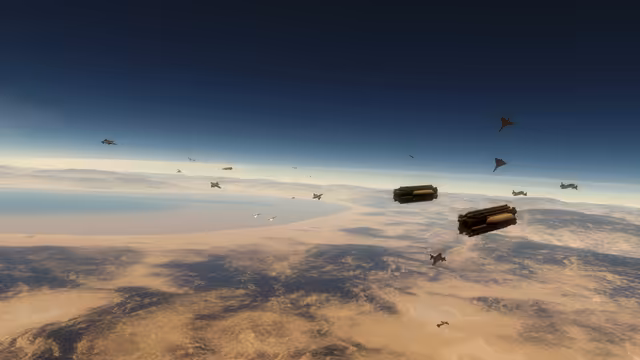 A heated battle as Aesir photon bombers attempt to bomb Vanir fortifications.