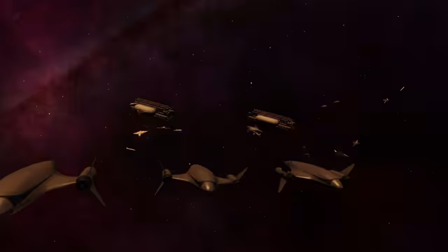 A squad of Stodva Fighters engaging a squad of Aesir Vorn Fighters in space over Dokk Skogar.