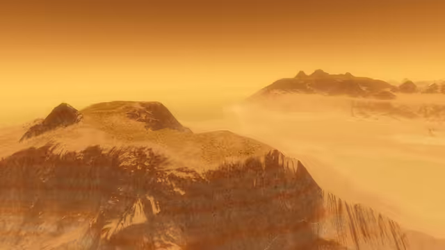 Green mountain tops at the shores of one of Surtr's seas.