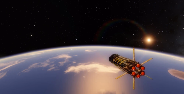 Interstellar freighter arriving at the planet. 61 Cygni A can be seen on the right