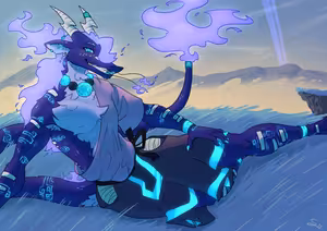 Seren having a nice sit on some grassy cliffs somewhere