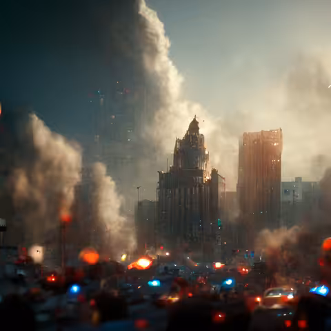 The City of Fort Testudo on fire after heavy bombings from Caran's forces, 2119 CE