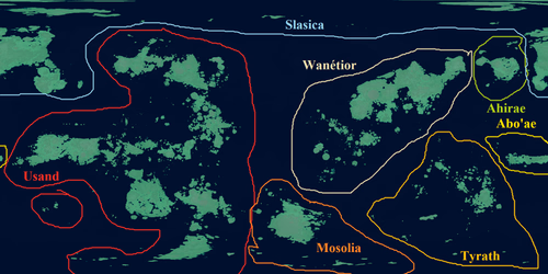 Map of Thistol with continents and names.